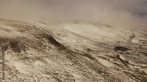 Aerial footage of snowscape on Benbradagh mountain south summit near Dungiven in N. Ireland photo