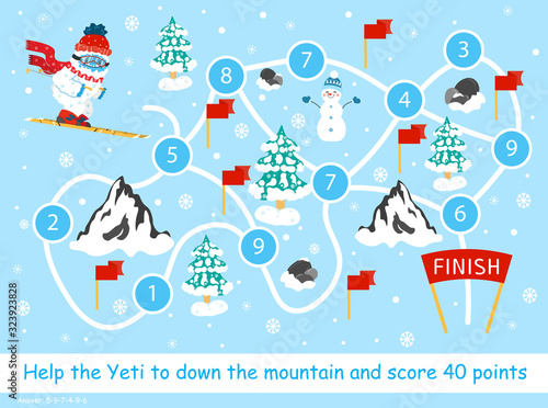 Help the Snow Yeti to down the mountain and score 40 points. Color elementary arithmetic maze game for children. Puzzle. Math summation tangled road with key. Cute snow yeti skiing