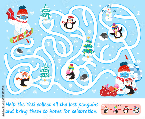 Help the Yeti collect all the lost penguins. Color maze or labyrinth game for preschool children. Puzzle. Tangled road. Cute snow yeti snowboarding. Winter holidays, activities and sport for kids