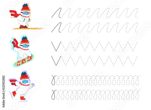 Tracing lines and handwriting practice sheet for preschool children with cute snow yeti skiing, snowboarding, skating. Writing training printable worksheet with with wavy lines 