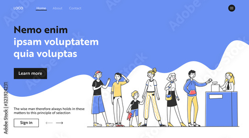 Line of people standing at checkout desk. Queue of customers, cash register, cashier flat vector illustration. Store, shop, payment concept for banner, website design or landing web page