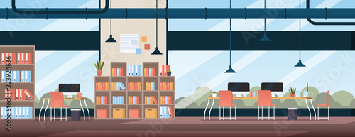 Modern office space loft interior. Corporate studio workplaces with desktops, chairs, document shelves, panoramic window. Vector illustration for commercial property, business center concept