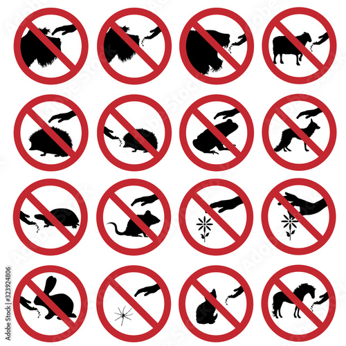 Vector silhouette collection of do not touch and feeding animals mark on white background. Symbol of prohibition.