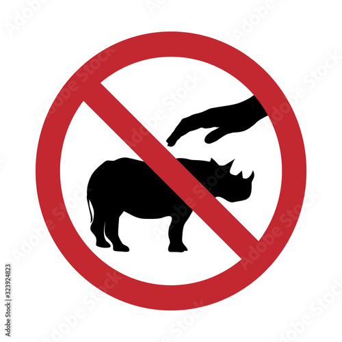 Vector silhouette of do not touch rhinoceros mark on white background. Symbol of prohibition.