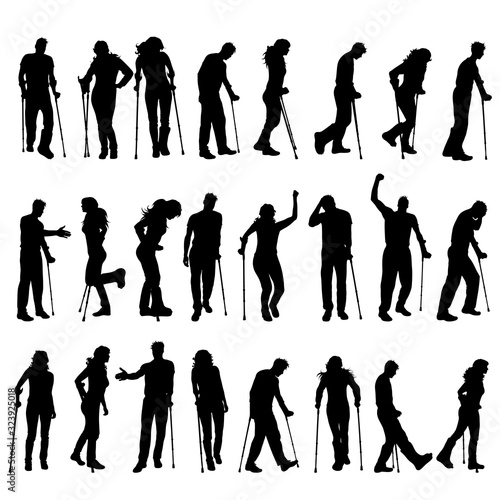 Vector silhouette of collection of disabled people. Symbol of man and woman with crutches.