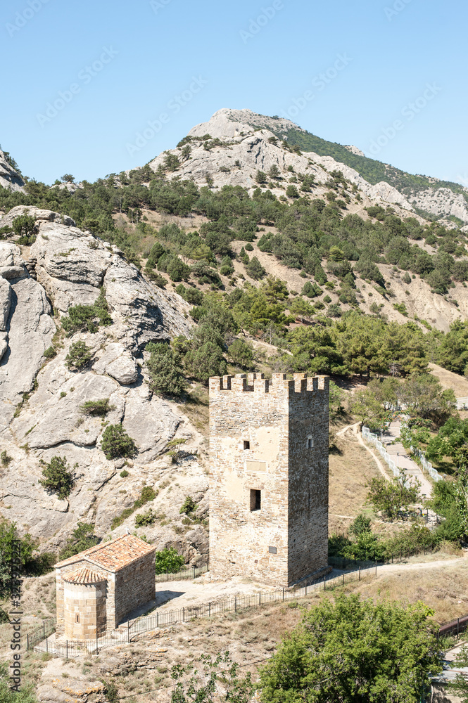 Walls and towers of ancient Genoese fortress in the city of Sudak, Crimea, Russia