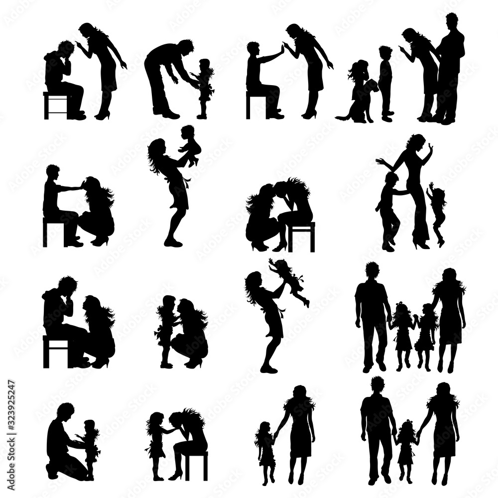 Vector silhouette of collection of family in different pose on white background. Symbol maternity and upbringing.