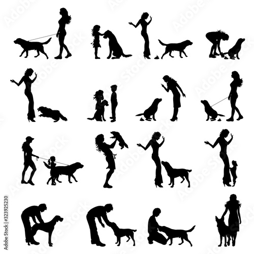 Vector silhouette of collection of people plays with dog on white background. Symbol of pets and friendship.