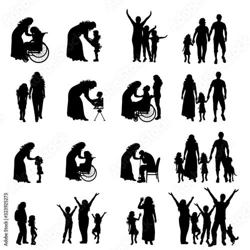 Vector silhouette of collection of family in different pose on white background. Symbol maternity and upbringing.