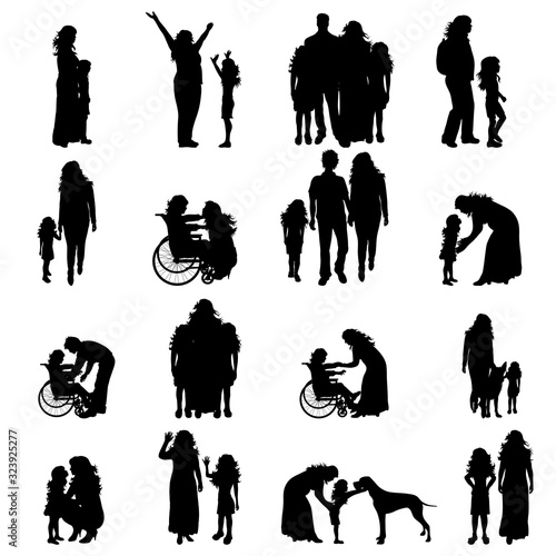 Vector silhouette of collection of family in different pose on white background. Symbol maternity and upbringing.