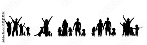 Vector silhouette of collection of family in different pose in the grass on white background. Symbol maternity and upbringing.