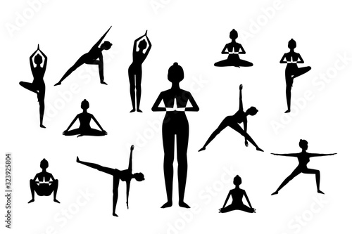 set of black silhouettes of woman in different yoga poses, flat style vector illustration