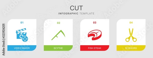 4 cut filled icons set isolated on infographic template. Icons set with Video maker, Scythe, fish steak, Scissors icons.