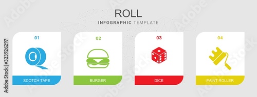 4 roll filled icons set isolated on infographic template. Icons set with Scotch tape, burger, dice, paint roller icons.