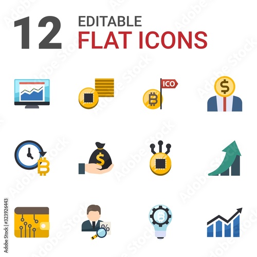 12 financial flat icons set isolated on white background. Icons set with statistics, Tokens, Initial Coin Offering, future of money, Deposit, Entrepreneurship, digital wallet icons.