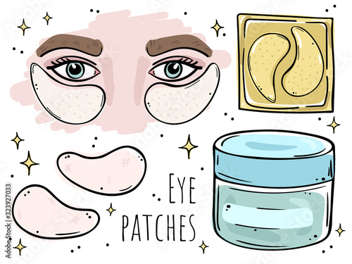 A collection of images on patches for skin care around the eyes. photo