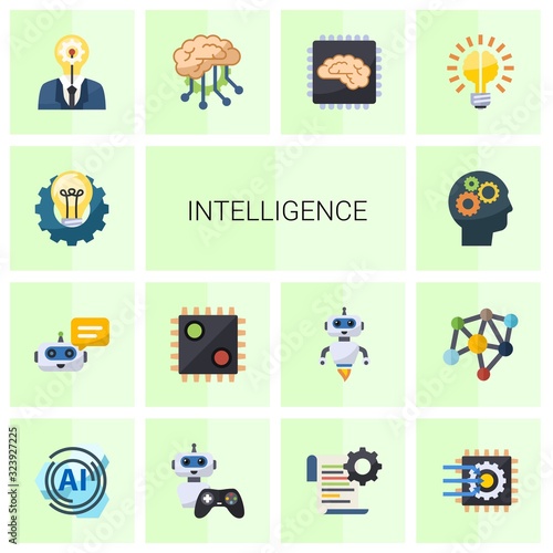 14 intelligence flat icons set isolated on white background. Icons set with Creative process, Chat Bot, AI Decision, Cognitive Science, creativity, Deep learning, Artificial Intelligence icons.