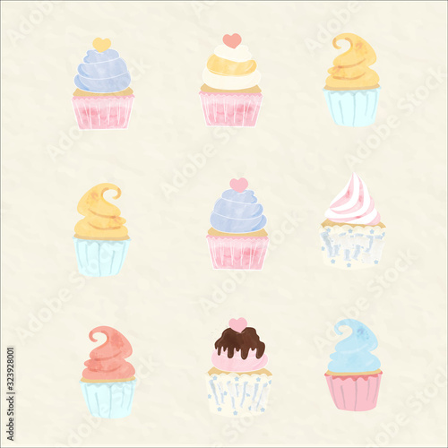sweet nine cupcakes watercolor style put on white.cute dessert elements for bakery lover and bakery shop.many flavour of cream on muffin.decotare with chocolate heart sugar look so yummy.