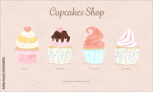 sweet watercolor cupcakes put on pink pastel background.menu for bakery lover and cafe shop.vanilla chocolate passion fruit muffin flavour.cute design for food delicious shop.yummy snack dessert.