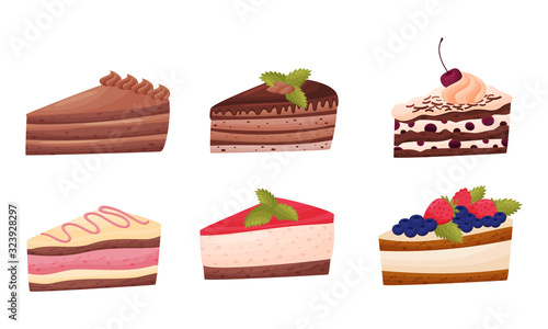 Sweet Cakes with Whipped Cream and Berries on Top Vector Set