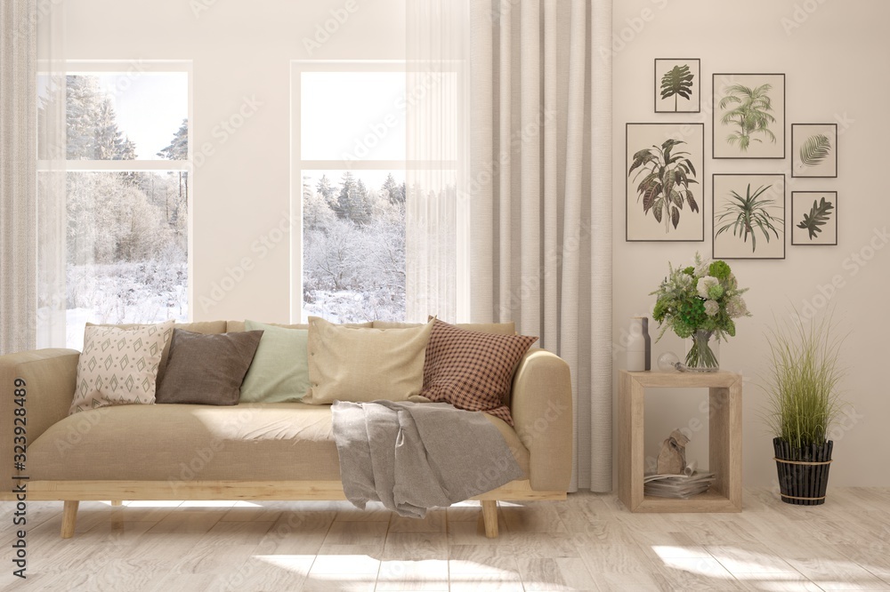 Stylish room in white color with sofa and winter landscape in window. Scandinavian interior design. 3D illustration Stylish room in white color with sofa and winter landscape in window. Scandinavian interior design. 3D illustration