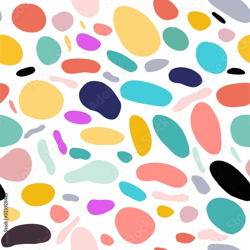 Seamless pattern of color blotches on a white background, bright and pastel colors, children's illustration