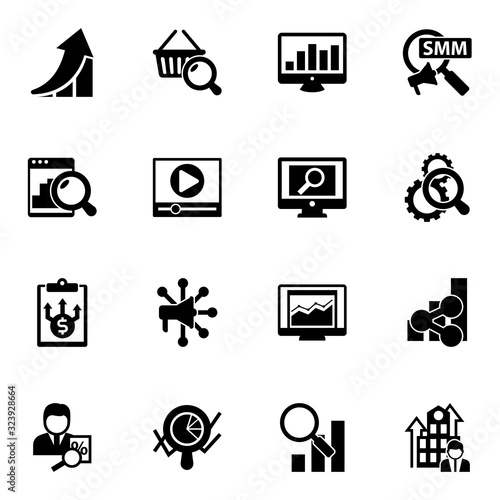 16 graph filled icons set isolated on white background. Icons set with growth, Marketing research, SEO monitoring, Web analytics, Video marketing, analytics app, Business Planning icons.