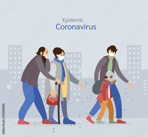 Coronavirus in China. New Wuhan coronavirus 2019-nCoV. Group people with kid wearing protective face masks, protection against chinese virus coronavirus epidemic vector illustration