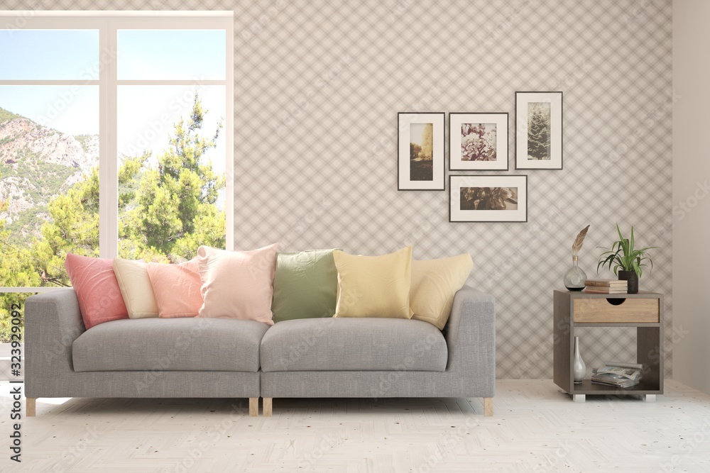 Stylish room in white color with sofa and summer landscape in window. Scandinavian interior design. 3D illustration Stylish room in white color with sofa and summer landscape in window. Scandinavian interior design. 3D illustration
