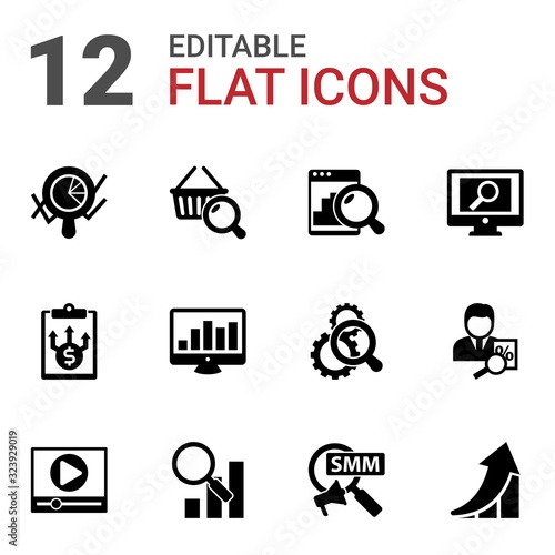 12 graph filled icons set isolated on white background. Icons set with Marketing analytics, Marketing research, Web analytics, Business Planning, SEO monitoring, analytics app icons.