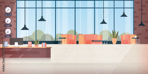 Modern hotel lobby interior. Building hallway with reception desk, couch seats, panoramic window with resort landscape. Vector illustration for lounge, travel, vacation concept