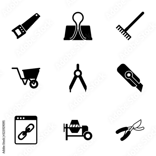 9 metal filled icons set isolated on white background. Icons set with Hand saw, Binder clip, Rake, wheelbarrow, Compasses, Cutter knife, Web Link, concrete mixer, Garden pruner icons.