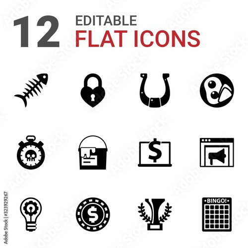 12 sign filled icons set isolated on white background. Icons set with fish bone, heart lock, horseshoe, deadline, paint bucket, breakfast, innovation, casino Chip, champion icons.