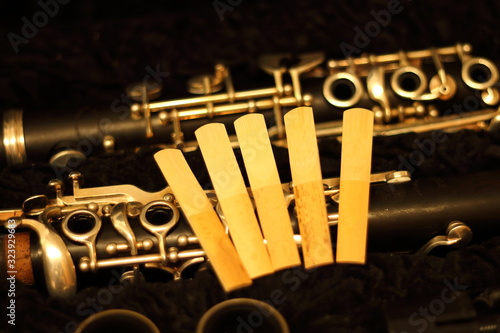 five clarinet reeds infront of the belonging instrument photo