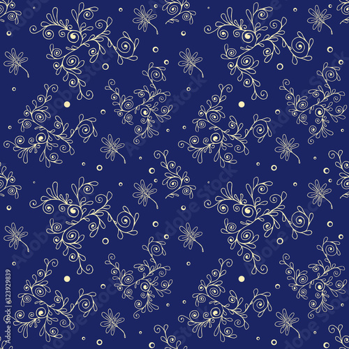 Little floral seamless pattern on navy blue background. Delicate texture in liberty style for curtains, textile. 