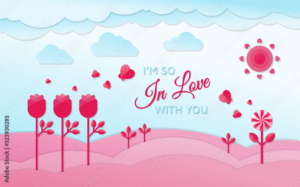 Love illustration and valentine day greeting card, origami made rose, lollipop and butterfly flying on the sky. Heart and clouds float on the sky. Digital craft style paper art.