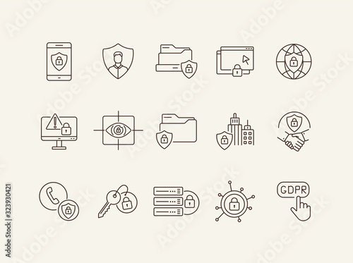 Cyber security line icon set. Database, national security, privacy, lock isolated outline sign pack. Data protection concept. Vector illustration symbol elements for web design and apps