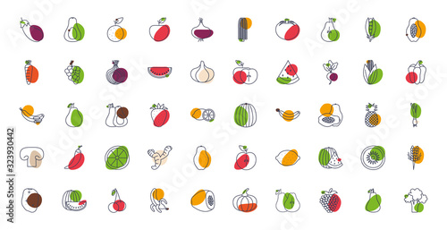 Fototapeta Naklejka Na Ścianę i Meble -  Fruits and vegetables line color style icon set vector design