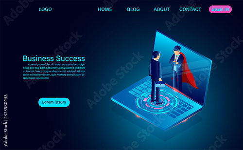 businessman in a suit standing looks in the mirror of the computer laptop screen and sees there a superhero. business success concept. flat isometric vector illustration