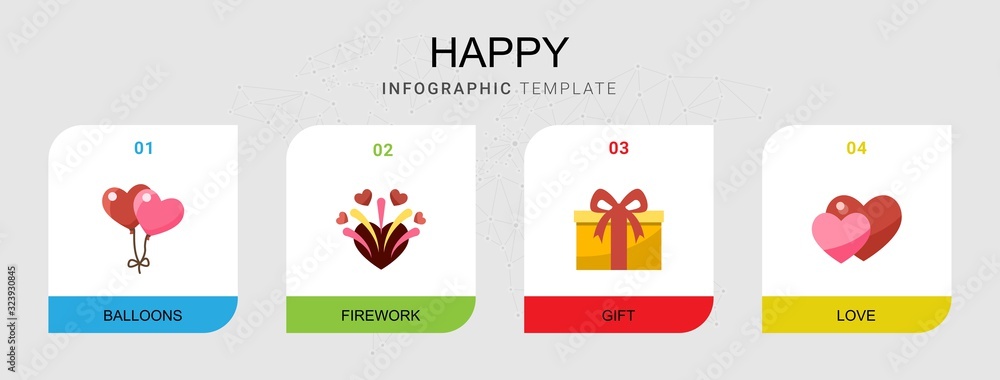 4 happy flat icons set isolated on infographic template. Icons set with balloons, firework, gift, love icons.
