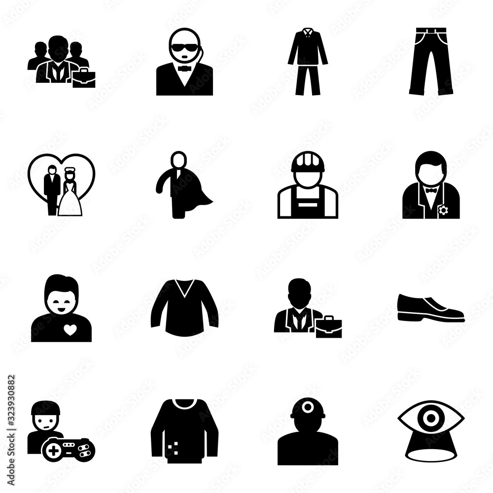 16 male filled icons set isolated on white background. Icons set with business people, security, suit, just married couple, business hero, builder, girlfriend, blouse, jeans icons. 16 male filled icons set isolated on white background. Icons set with business people, security, suit, just married couple, business hero, builder, girlfriend, blouse, jeans icons.