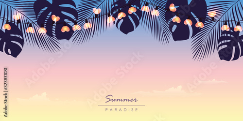 tropical summer paradise background with fairy light and palm leaves vector illustration EPS10
