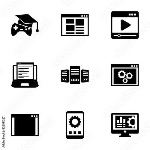 9 software filled icons set isolated on white background. Icons set with Open Source, front end, media player, Web Development, Big data, back end, app development, Accounting software icons.