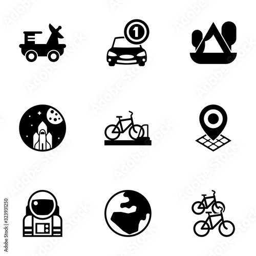 Fototapeta Naklejka Na Ścianę i Meble -  9 travel filled icons set isolated on white background. Icons set with moon rover, Car rental, Camping, space exploration, bicycle parking, Geo Targeting, astronaut, globe icons.