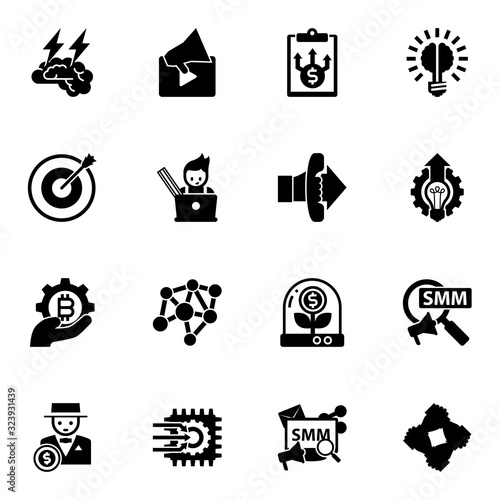 16 idea filled icons set isolated on white background. Icons set with Brain storm, Video marketing, Business Planning, Target, graphic designer, Call To Action, fintech industry icons.