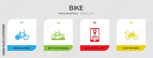 4 bike filled icons set isolated on infographic template. Icons set with bike sharing, bicycle parking, Bike rental app, elektro icons.