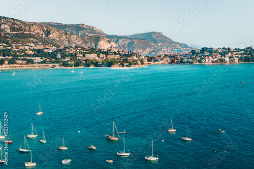 Landscape of harbor, port in Nice. Cote d'Azur France. Luxury resort of French riviera. scenery aerial cityscape view of Nice, France. azure water, harbor, luxury apartments, yachts and sailboats.