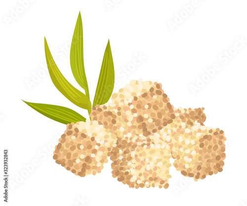 Sugar Cane Green Sprout with Pile of Refined Sugar in Cubes Vector Illustration