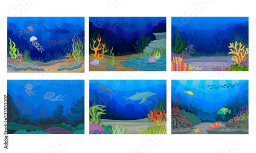 Underwater and Marine Scenes and Views with Fish and Algae Vector Set