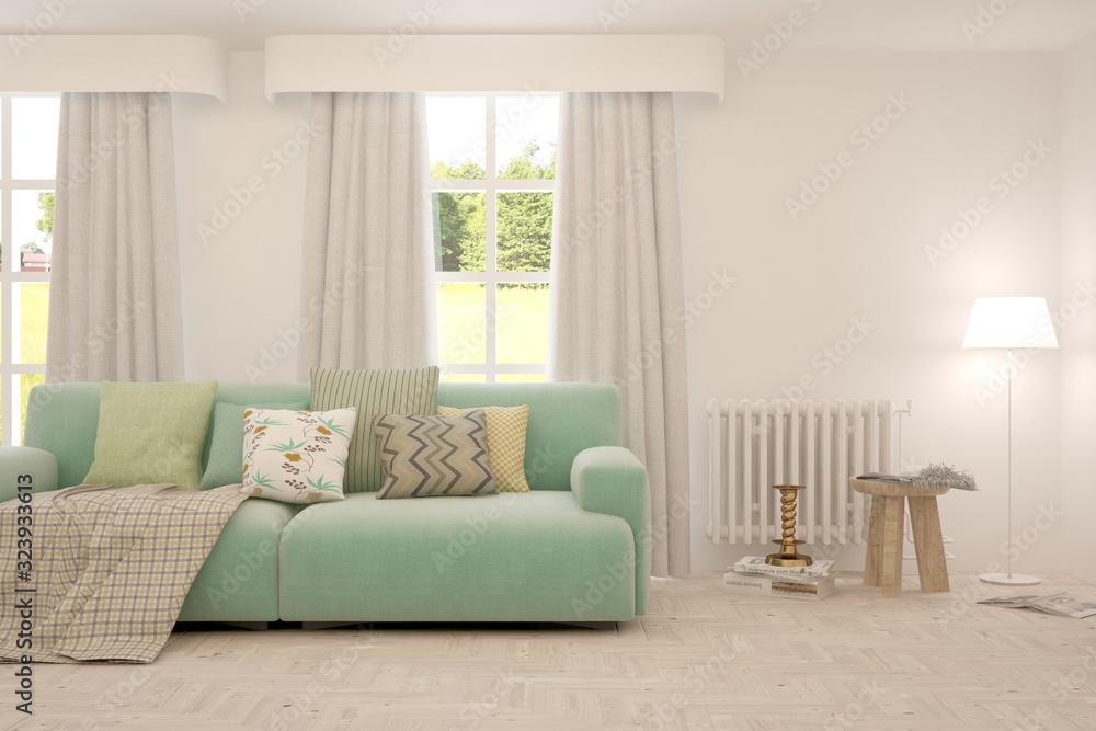 Mock up of stylish room in white color with sofa. Scandinavian interior design. 3D illustration Mock up of stylish room in white color with sofa. Scandinavian interior design. 3D illustration